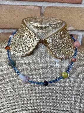 Beaded Blue Seed Necklace with Multicolor Gem Accent Beads